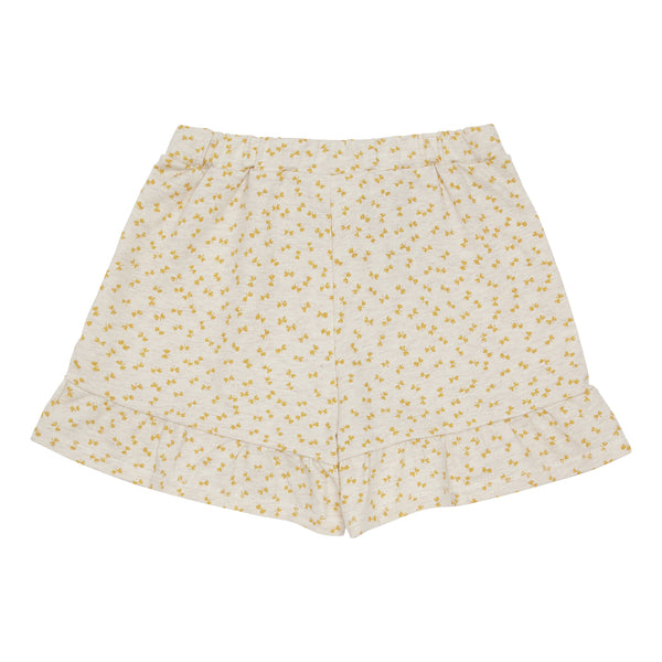 Popirol shorts i beige melange med gult sløjfeprint. Shortsen har bindebånd og flæser forneden..