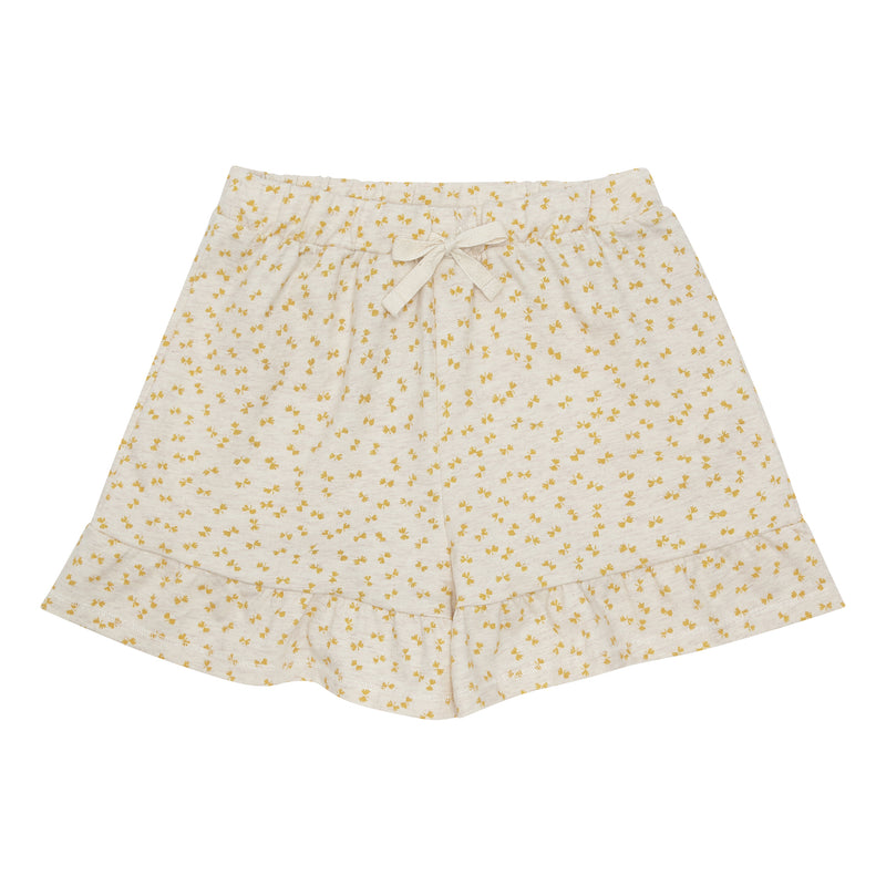 Popirol shorts i beige melange med gult sløjfeprint. Shortsen har bindebånd og flæser forneden..