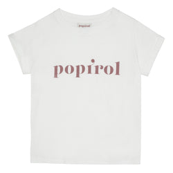 Popirol pige T-shirt med korte ærmer i økologisk bomuld. T-shirten er hvid med rosa Popirol logo fortil.  