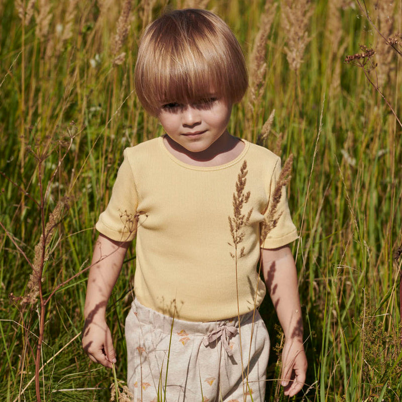 Dreng i printede shorts og gul t-shirt fra Popirol. Drengen står midt i en græsmark i solskin.
